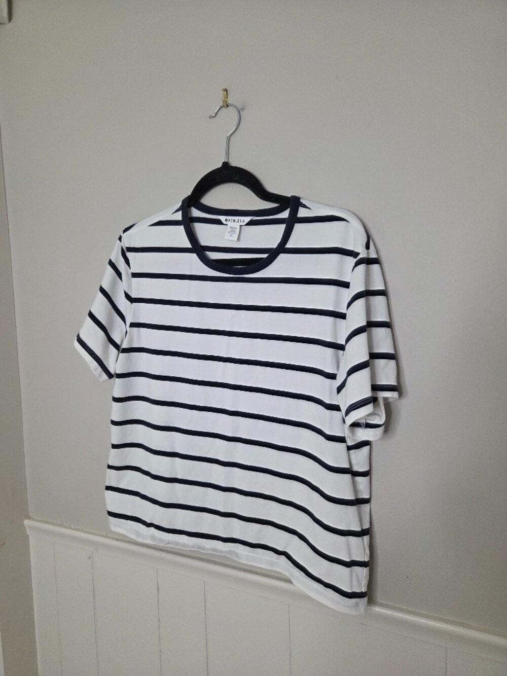 ATHLETA Navy Blue White Stripe Short Sleeve Tee